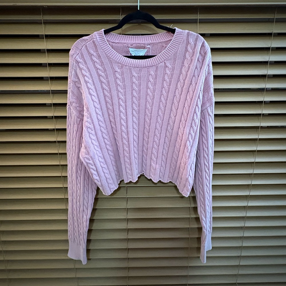 Aerie Light Pink Cable Knit Cropped Sweater 100% Cotton Size XL